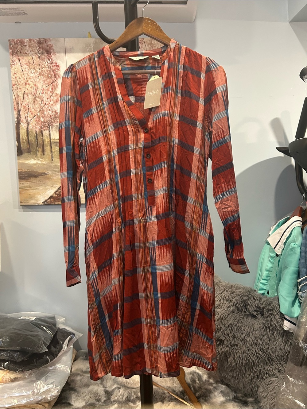 Anthropologie 11.1.Tylho | XS | Red Blue Plaid Buttonup Dress